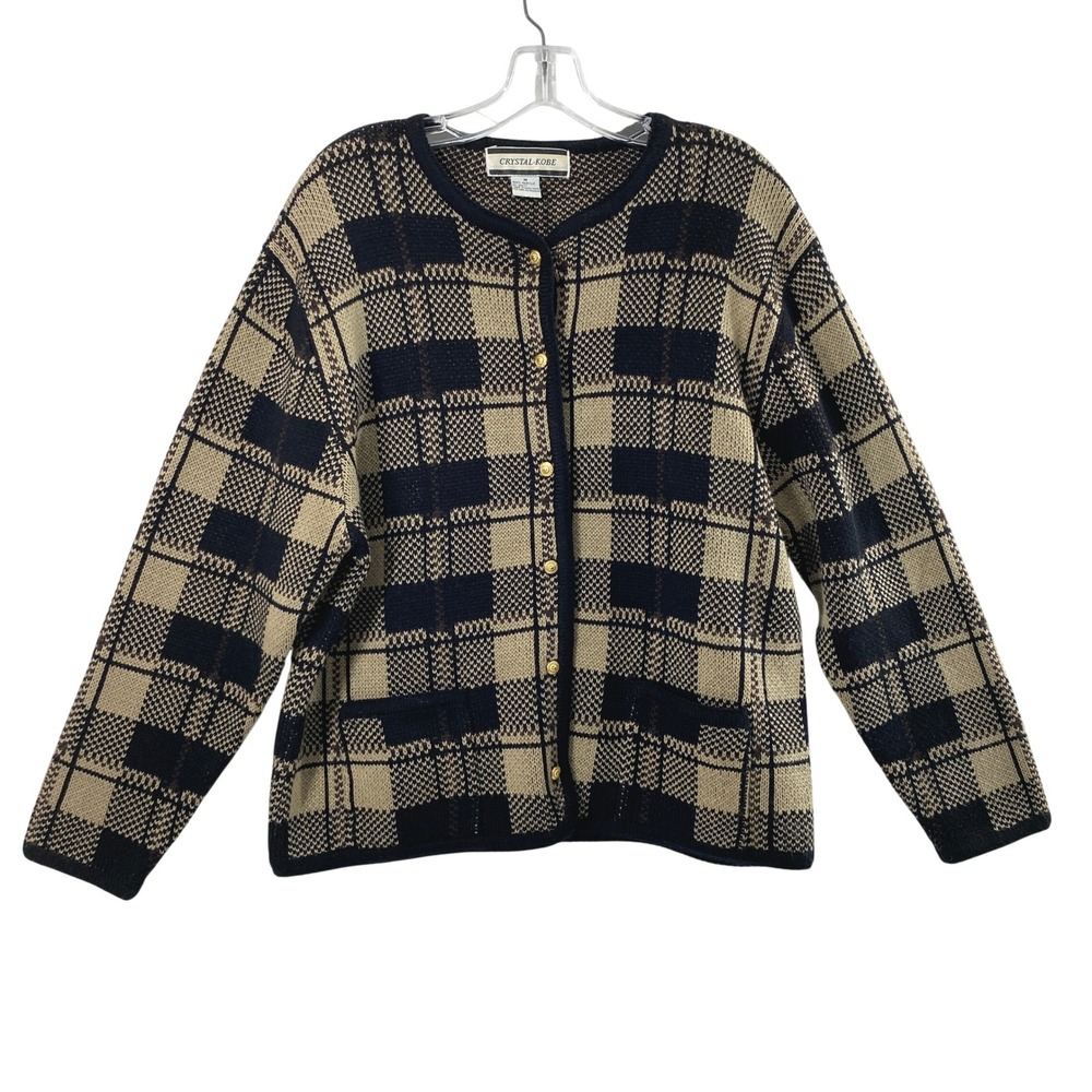 Crystal Kobe Cardigan Women M Tan Black Plaid Button Front Vintage Knit Preppy